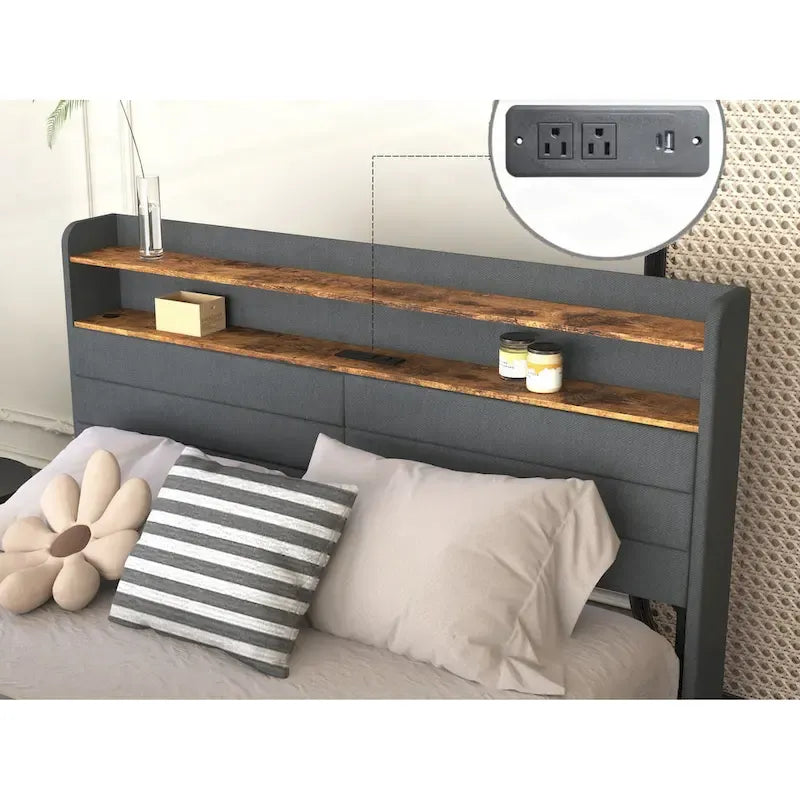 Black Storage Bed Frame with LED Headboard & Charging Station, Full/Queen, 1-Person