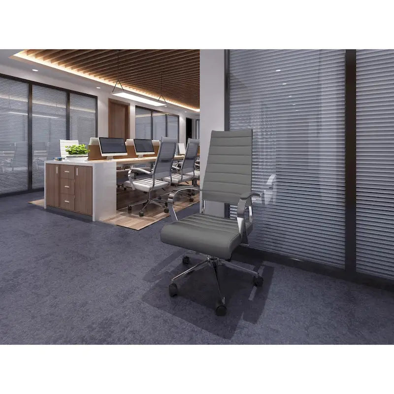 High-Back Ribbed PU Leather Swivel Office Chair, Tan / White / Black / Brown / Grey, 1-Person
