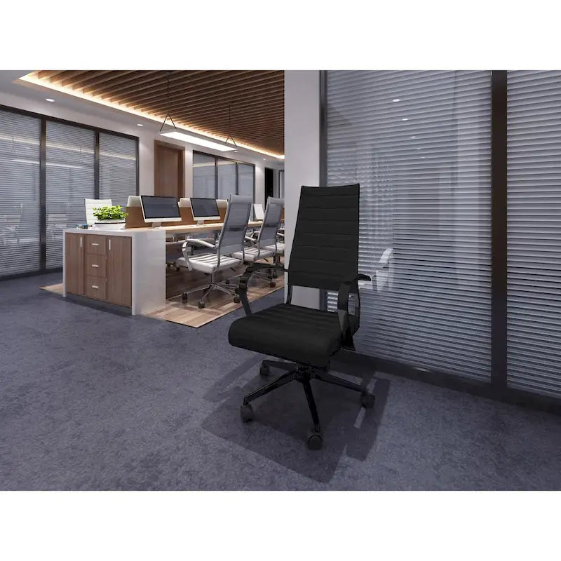 High-Back Ribbed PU Leather Swivel Office Chair, Tan / White / Black / Brown / Grey, 1-Person