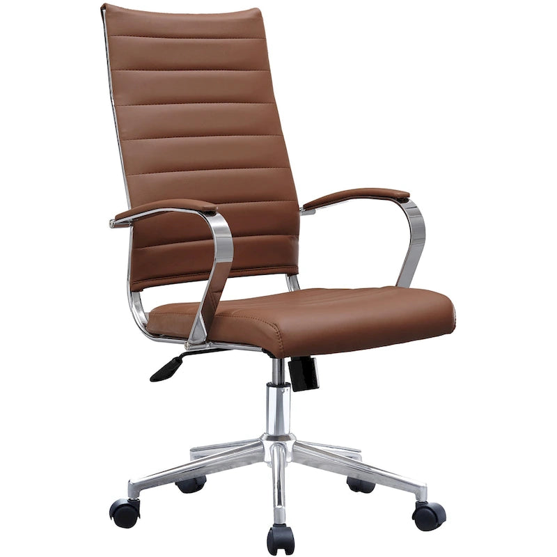 High-Back Ribbed PU Leather Swivel Office Chair, Tan / White / Black / Brown / Grey, 1-Person