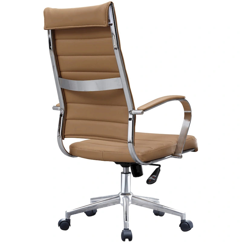High-Back Ribbed PU Leather Swivel Office Chair, Tan / White / Black / Brown / Grey, 1-Person
