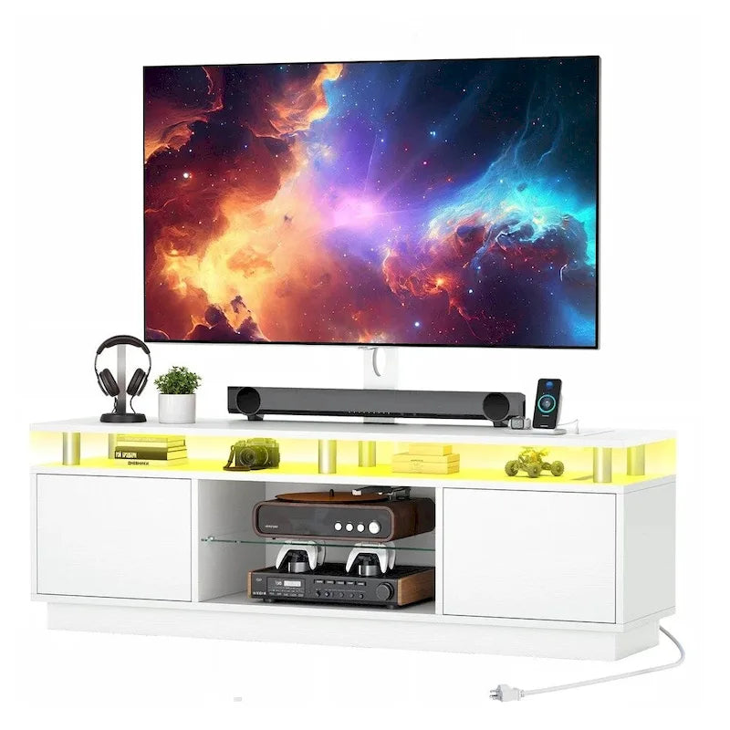 White Modern TV Stand with LED Lights & Power Outlets, 73 Inches, 1-Person Setup