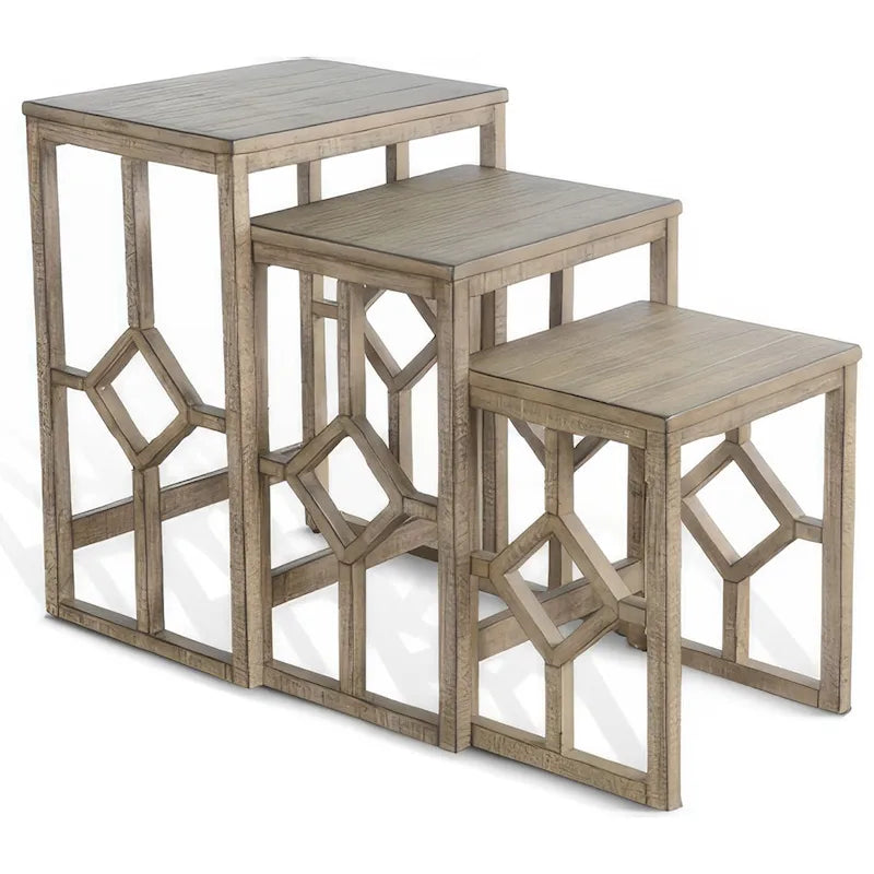 Pebble Brown 3-Piece Nesting Side Table Set, Geometric Diamond, Rustic Distressed
