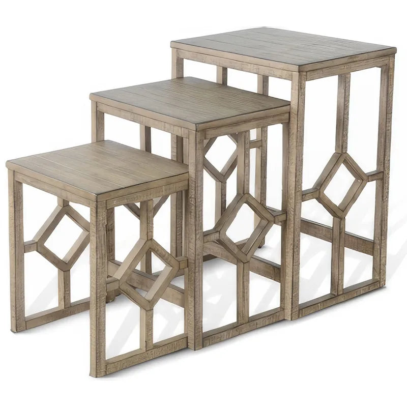 Pebble Brown 3-Piece Nesting Side Table Set, Geometric Diamond, Rustic Distressed