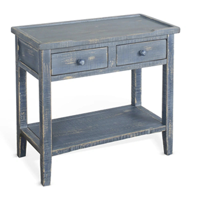 Rustic Blue Side End Table, 2 Drawers & 1 Shelf, Solid Mahogany