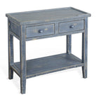 Rustic Blue Side End Table, 2 Drawers & 1 Shelf, Solid Mahogany