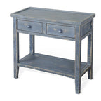 Rustic Blue Side End Table, 2 Drawers & 1 Shelf, Solid Mahogany