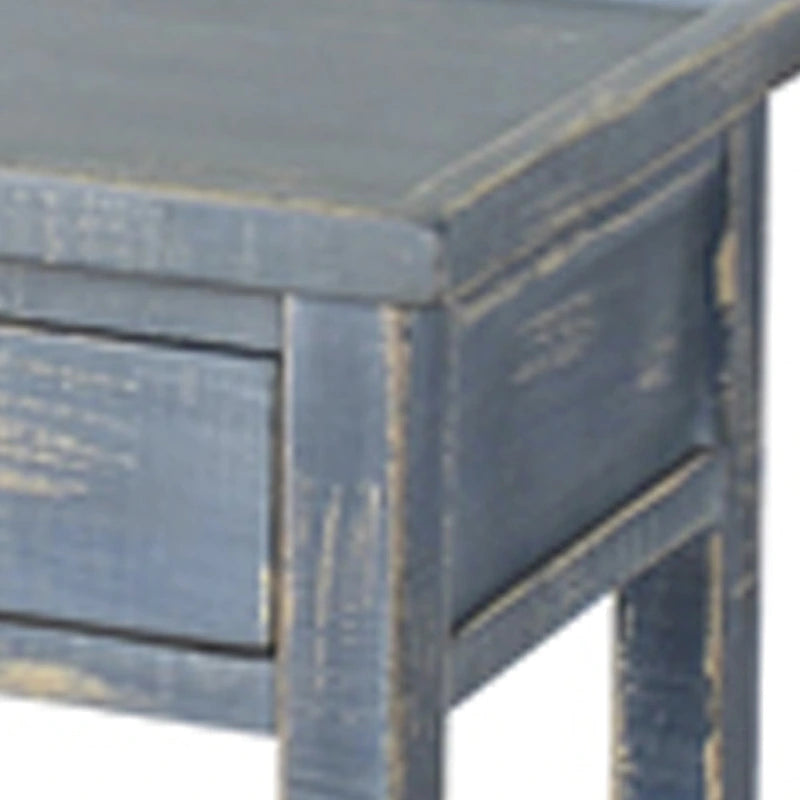 Rustic Blue Side End Table, 2 Drawers & 1 Shelf, Solid Mahogany