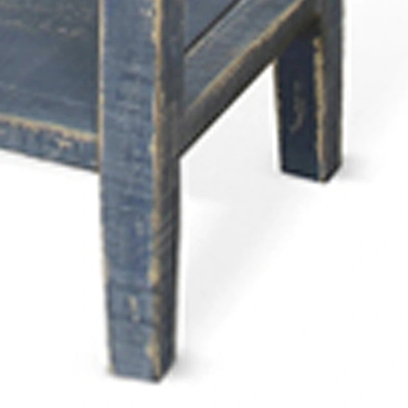 Rustic Blue Side End Table, 2 Drawers & 1 Shelf, Solid Mahogany