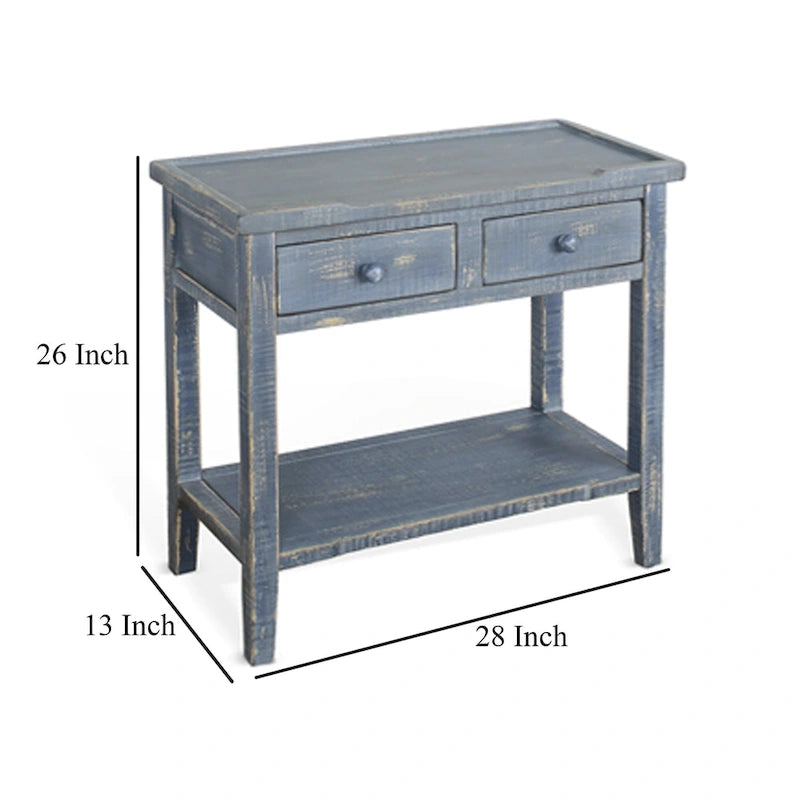 Rustic Blue Side End Table, 2 Drawers & 1 Shelf, Solid Mahogany