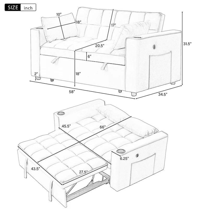 Canapé-lit convertible de 58 pouces avec porte-gobelet et port USB – Blanc lait / Rose / Gris / Noir – 1 place