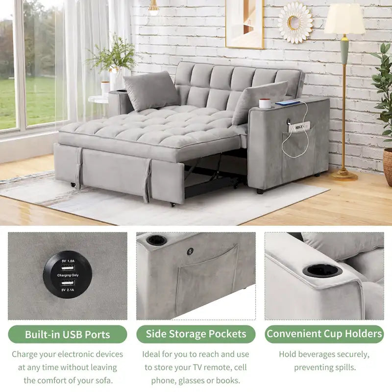 Canapé-lit convertible de 58 pouces avec porte-gobelet et port USB – Blanc lait / Rose / Gris / Noir – 1 place