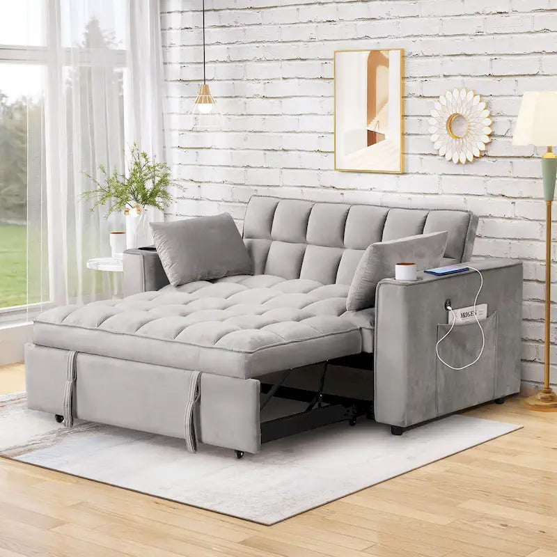 Canapé-lit convertible de 58 pouces avec porte-gobelet et port USB – Blanc lait / Rose / Gris / Noir – 1 place