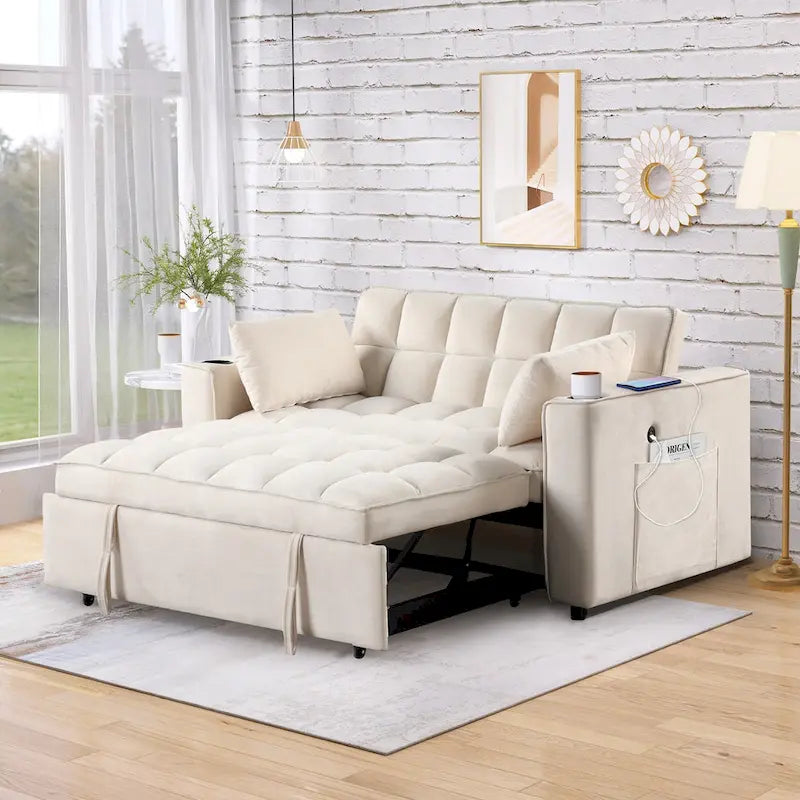 Canapé-lit convertible de 58 pouces avec porte-gobelet et port USB – Blanc lait / Rose / Gris / Noir – 1 place