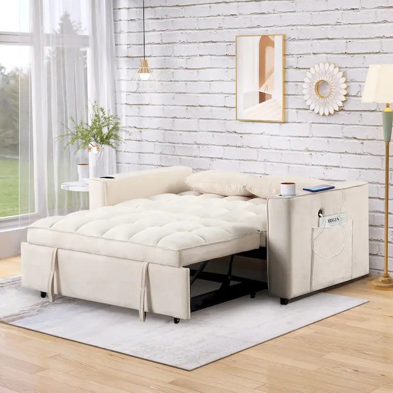 Canapé-lit convertible de 58 pouces avec porte-gobelet et port USB – Blanc lait / Rose / Gris / Noir – 1 place