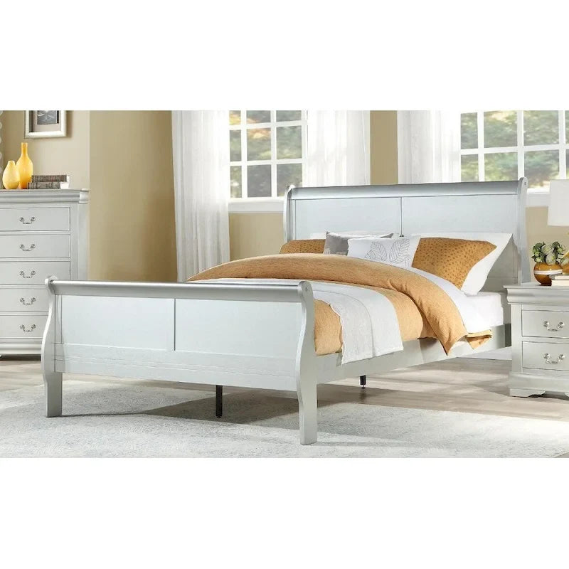 Silver Twin Sleigh Bed, Transitional Style, Solid Wood, Single