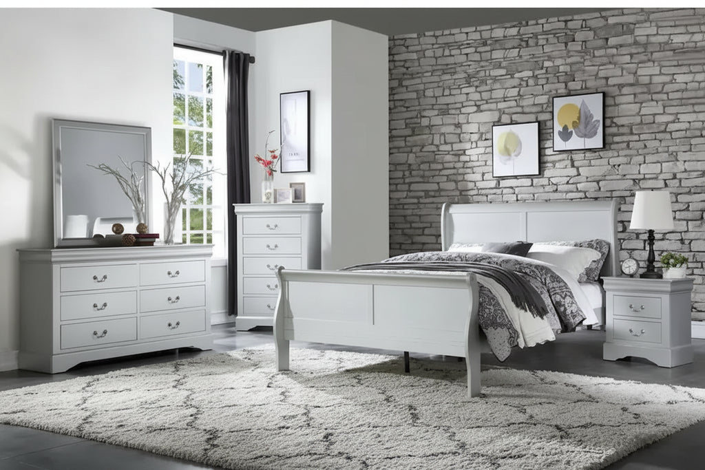 Silver Twin Sleigh Bed, Transitional Style, Solid Wood, Single