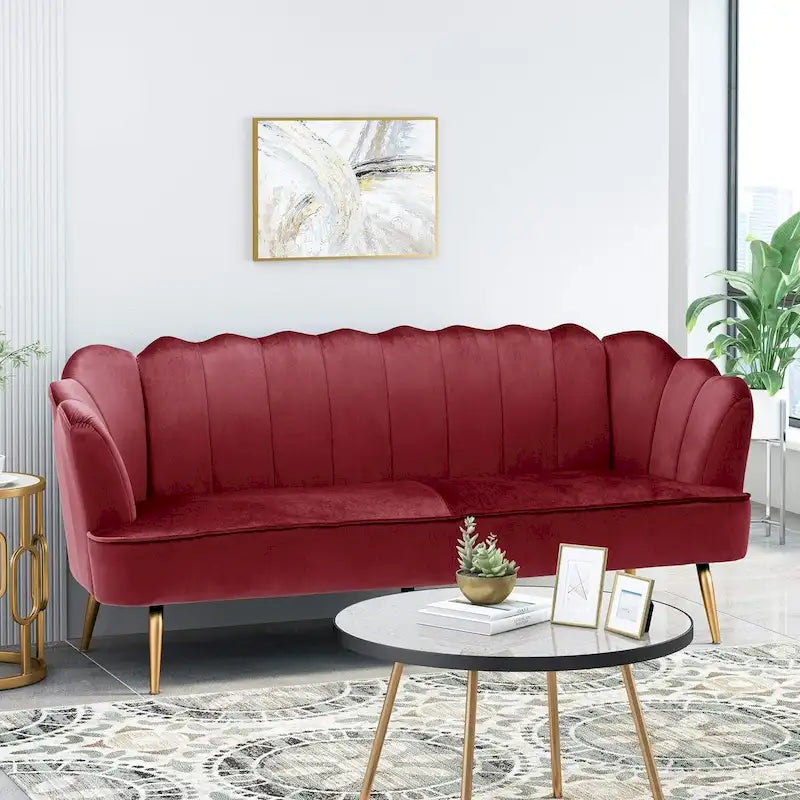 Multi-Color Velvet Channel Stitch 3-Seater Sofa with Gold Metal Legs
