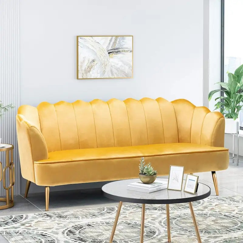 Multi-Color Velvet Channel Stitch 3-Seater Sofa with Gold Metal Legs