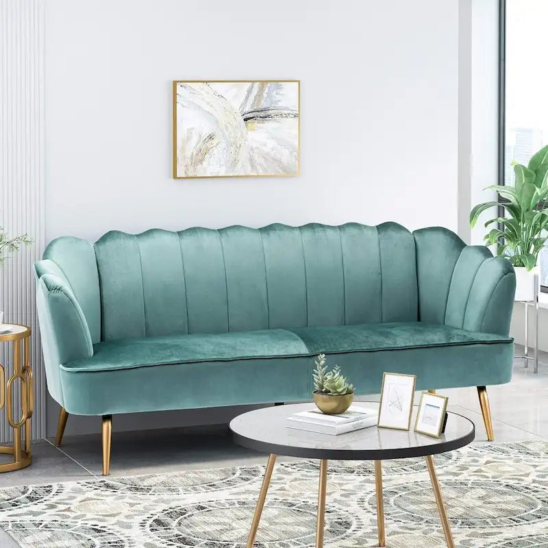 Multi-Color Velvet Channel Stitch 3-Seater Sofa with Gold Metal Legs