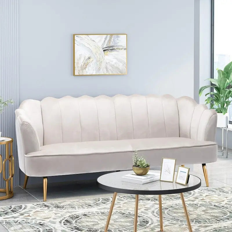 Multi-Color Velvet Channel Stitch 3-Seater Sofa with Gold Metal Legs