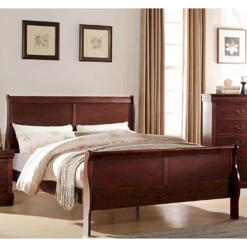 Cherry Twin Solid Wood Bed with Brass Hardware, Transitional Style, 1-Person