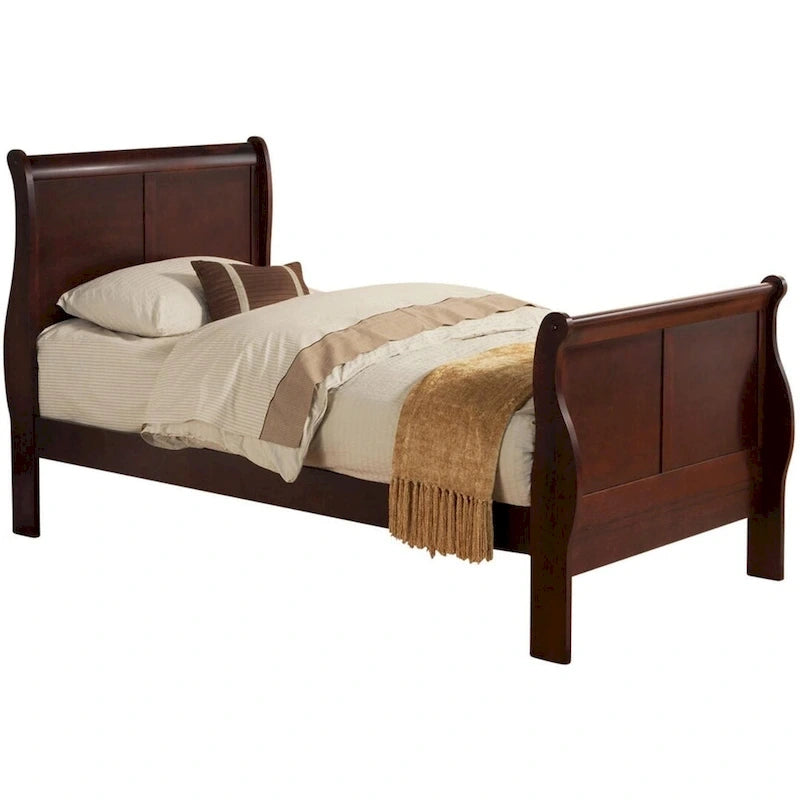 Lit simple en bois massif de cerisier avec quincaillerie en laiton, style transitionnel, 1 personne