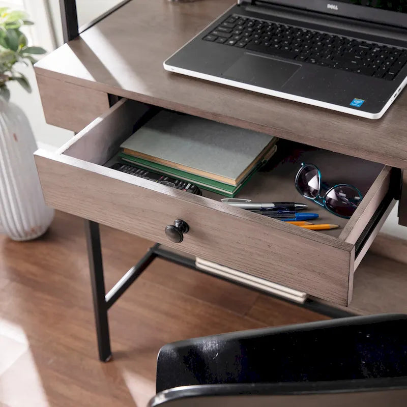 Bureau industriel avec échelle, étagères et tiroir, 1 personne, gris-brun et noir
