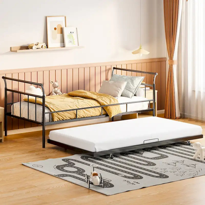 White/Black Iron Daybed with Trundle, Curved Handle, Twin Size, Sleeps 2