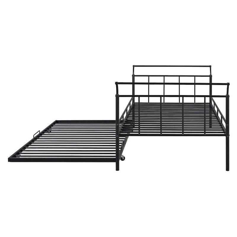 Lit de repos en fer blanc/noir avec lit gigogne, poignée incurvée, taille double, pour 2 personnes