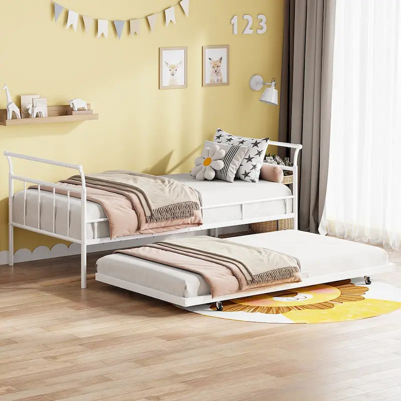 Lit de repos en fer blanc/noir avec lit gigogne, poignée incurvée, taille double, pour 2 personnes