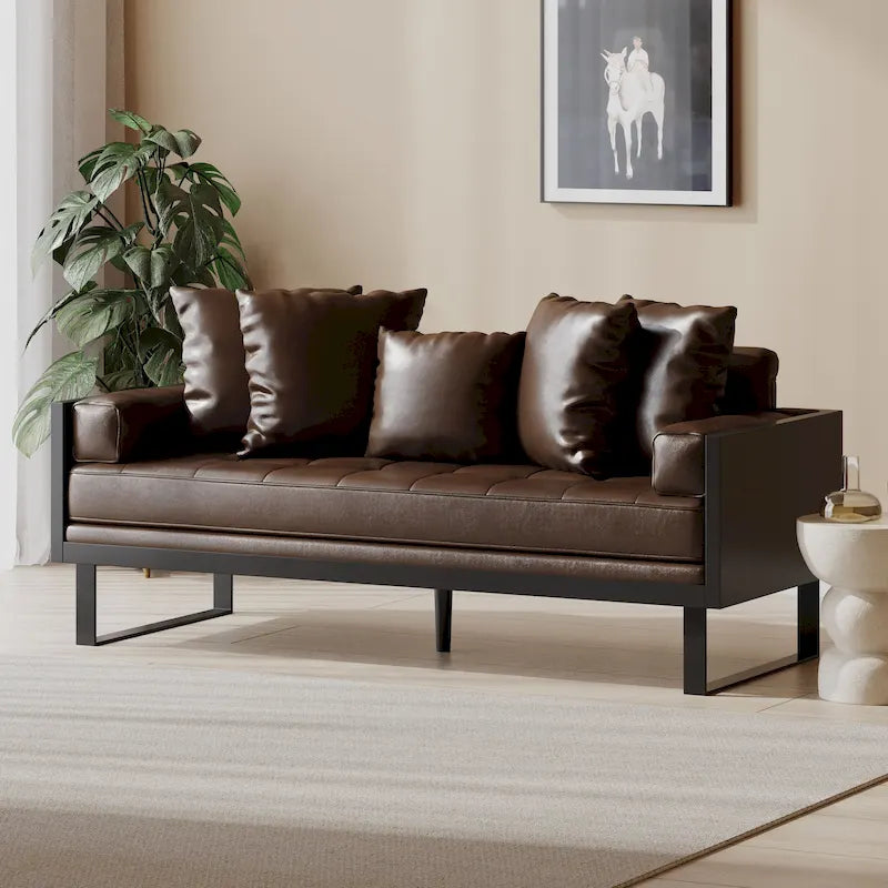 Black Faux Leather Button-Tufted Loveseat with Pillows, Seats 2