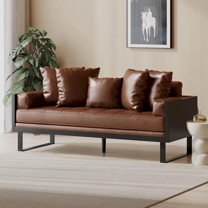 Black Faux Leather Button-Tufted Loveseat with Pillows, Seats 2