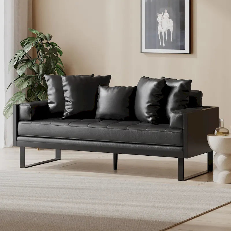 Black Faux Leather Button-Tufted Loveseat with Pillows, Seats 2