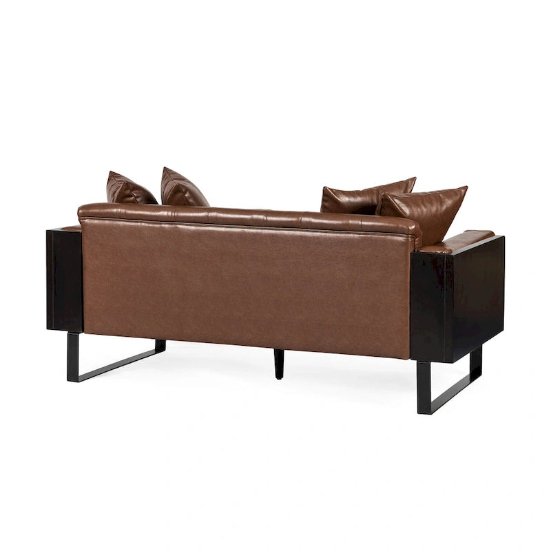Black Faux Leather Button-Tufted Loveseat with Pillows, Seats 2