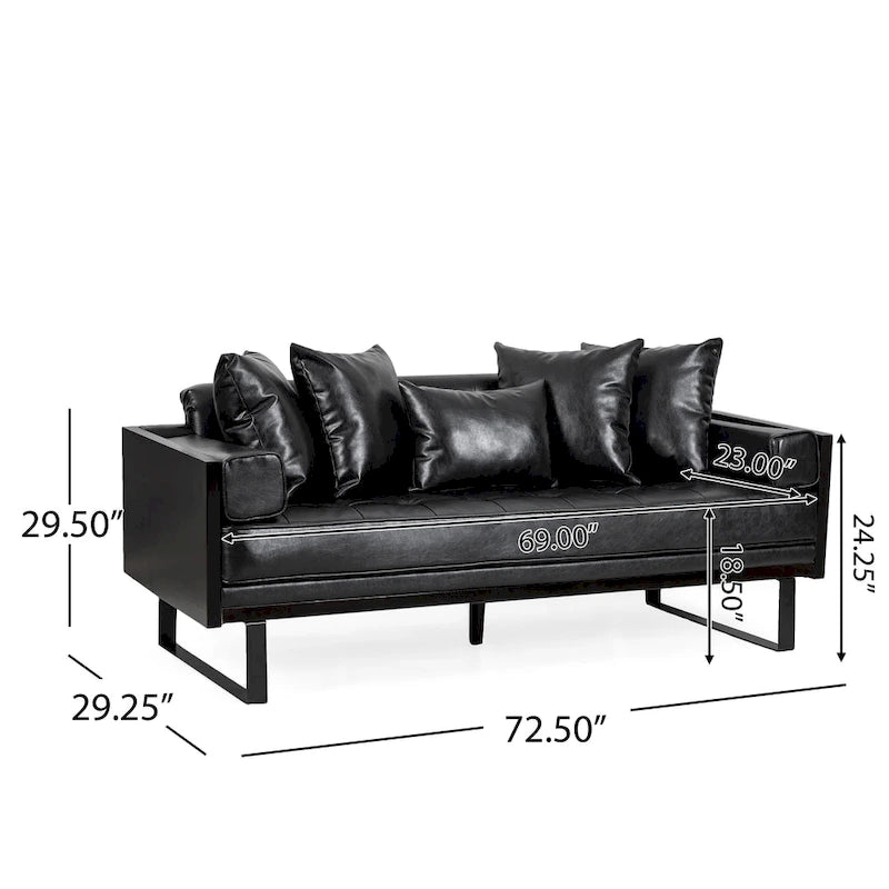 Black Faux Leather Button-Tufted Loveseat with Pillows, Seats 2