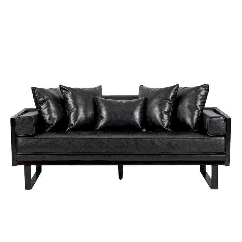 Black Faux Leather Button-Tufted Loveseat with Pillows, Seats 2