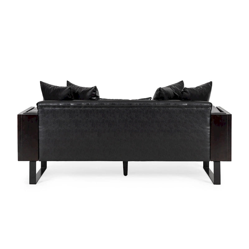 Black Faux Leather Button-Tufted Loveseat with Pillows, Seats 2