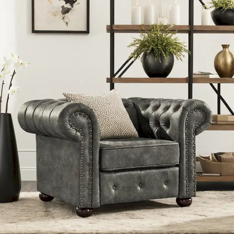 Brown/Beige/Grey Tufted Scroll Arm Accent Chair, Seats 1