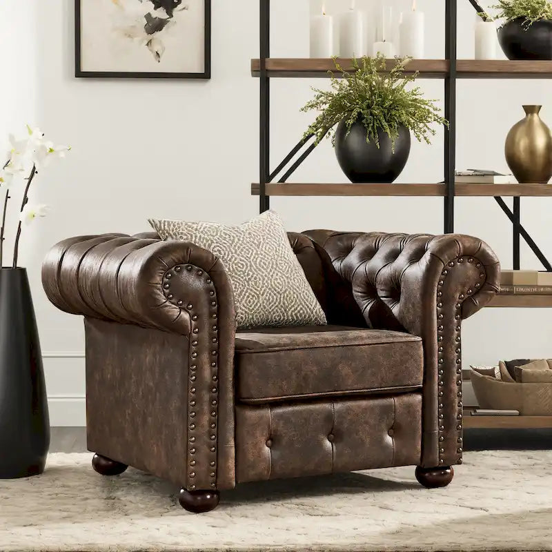 Brown/Beige/Grey Tufted Scroll Arm Accent Chair, Seats 1