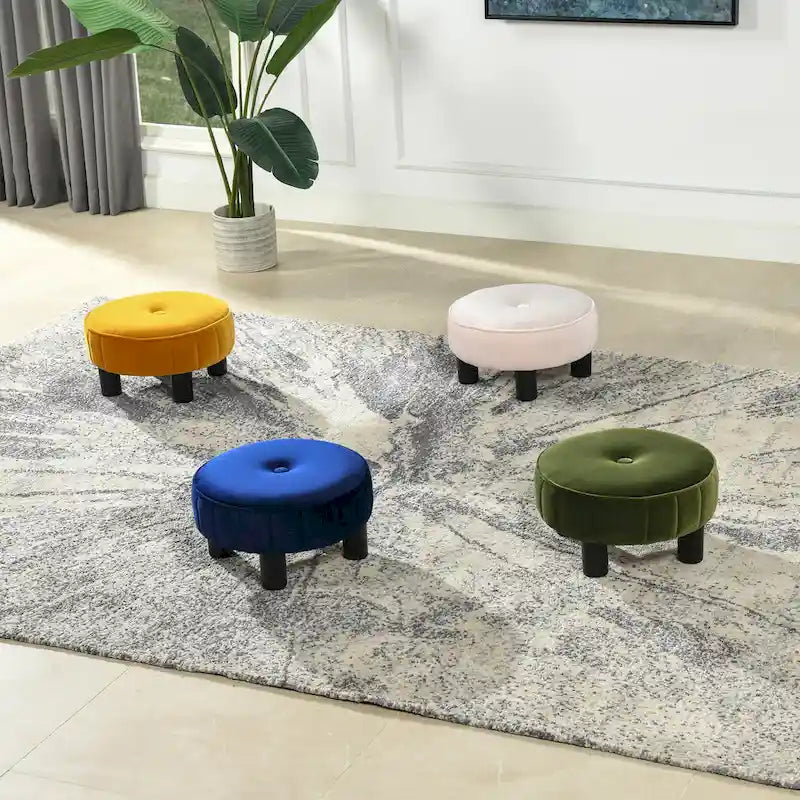Round Velvet Footstool Ottoman, Multiple Colors, Single Seat, 16" Diameter