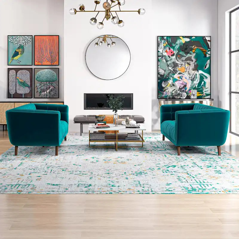 Tufted Velvet Loveseat, Set of 2 – Teal / Smoke / Blue / Grey / Dark Yellow