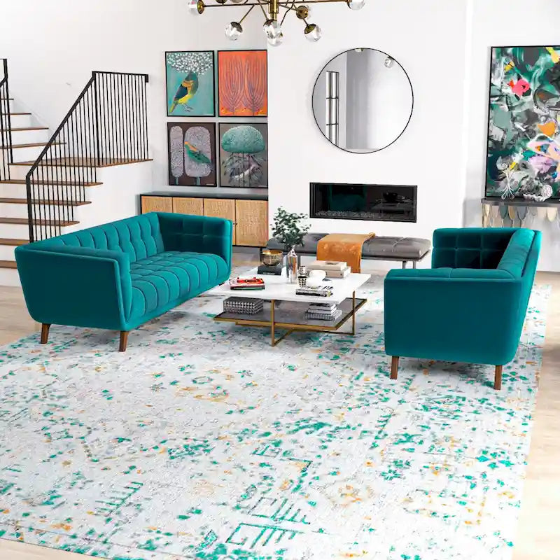 Tufted Velvet Loveseat, Set of 2 – Teal / Smoke / Blue / Grey / Dark Yellow
