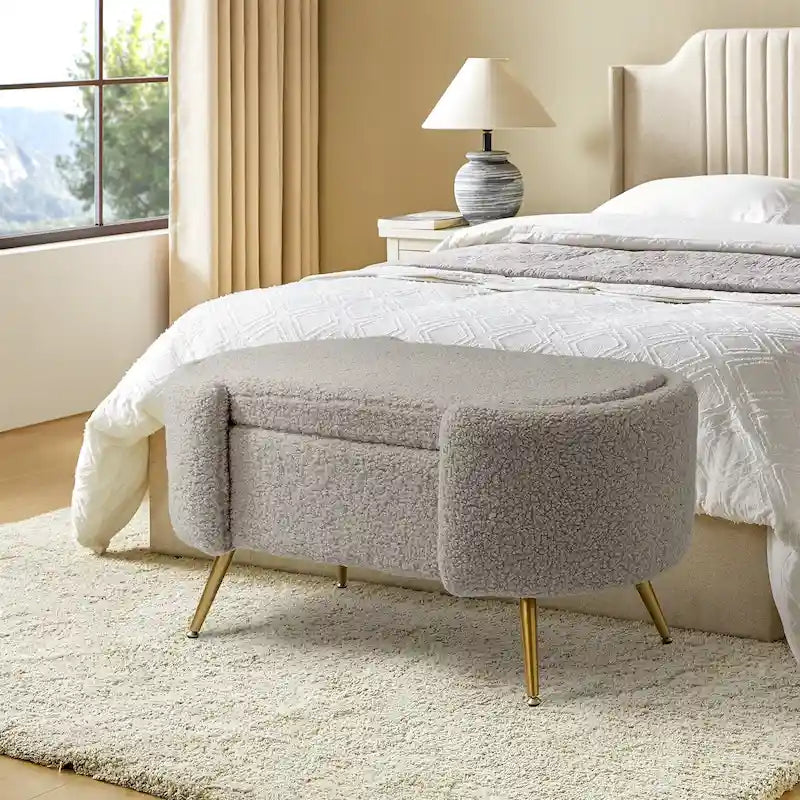 Grey / Sage / Mustard / Ivory / Blue / Cream Sherpa Upholstered Storage Bench with Gold Metal Legs, Single Seat