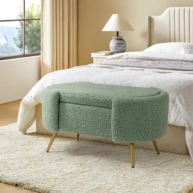 Grey / Sage / Mustard / Ivory / Blue / Cream Sherpa Upholstered Storage Bench with Gold Metal Legs, Single Seat