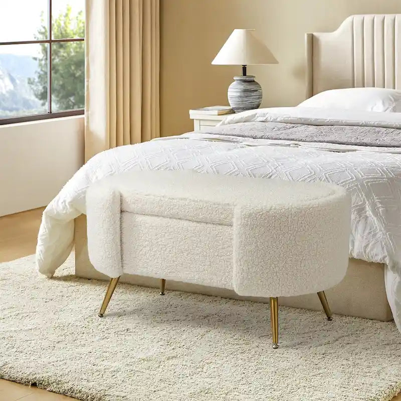 Grey / Sage / Mustard / Ivory / Blue / Cream Sherpa Upholstered Storage Bench with Gold Metal Legs, Single Seat
