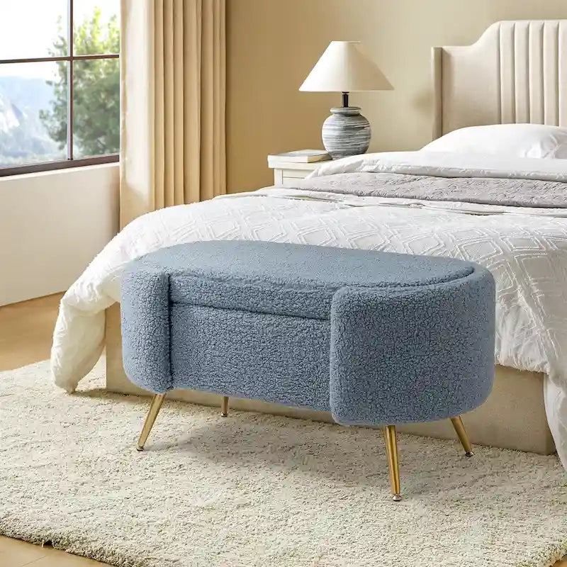 Grey / Sage / Mustard / Ivory / Blue / Cream Sherpa Upholstered Storage Bench with Gold Metal Legs, Single Seat
