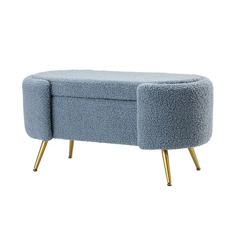 Grey / Sage / Mustard / Ivory / Blue / Cream Sherpa Upholstered Storage Bench with Gold Metal Legs, Single Seat