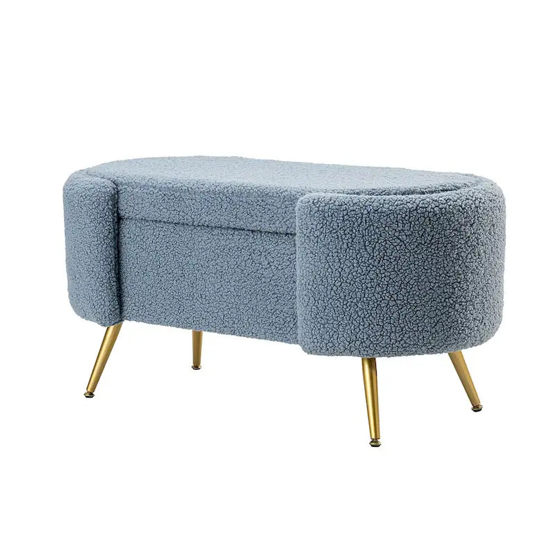 Grey / Sage / Mustard / Ivory / Blue / Cream Sherpa Upholstered Storage Bench with Gold Metal Legs, Single Seat