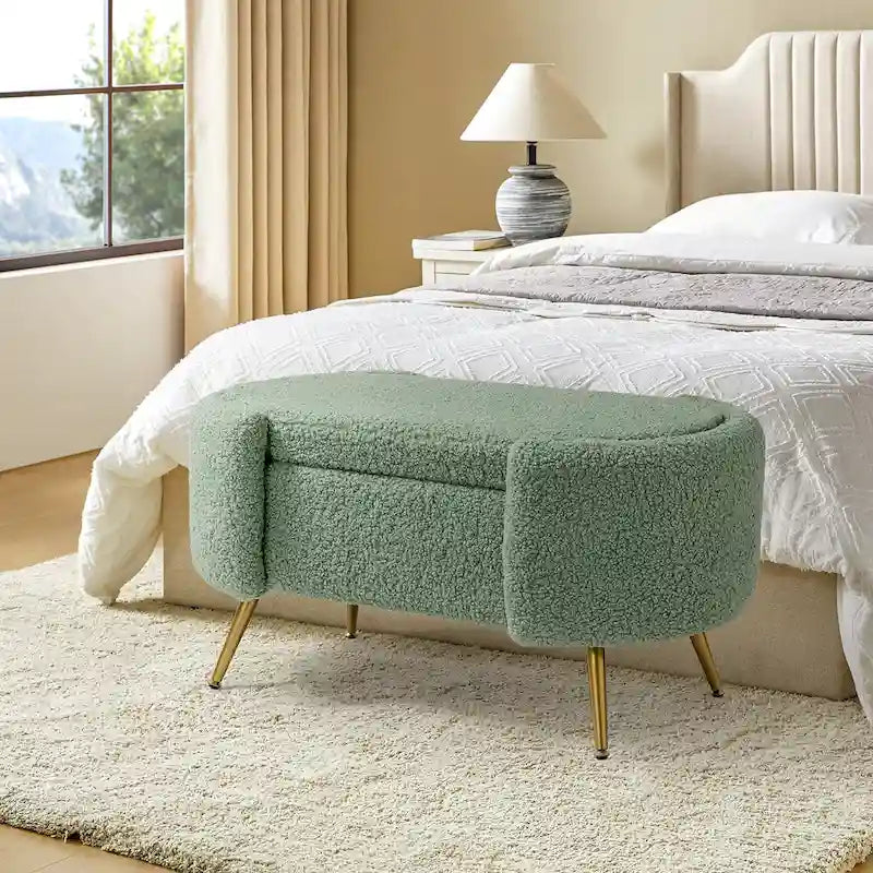 Grey / Sage / Mustard / Ivory / Blue / Cream Sherpa Upholstered Storage Bench with Gold Metal Legs, Single Seat